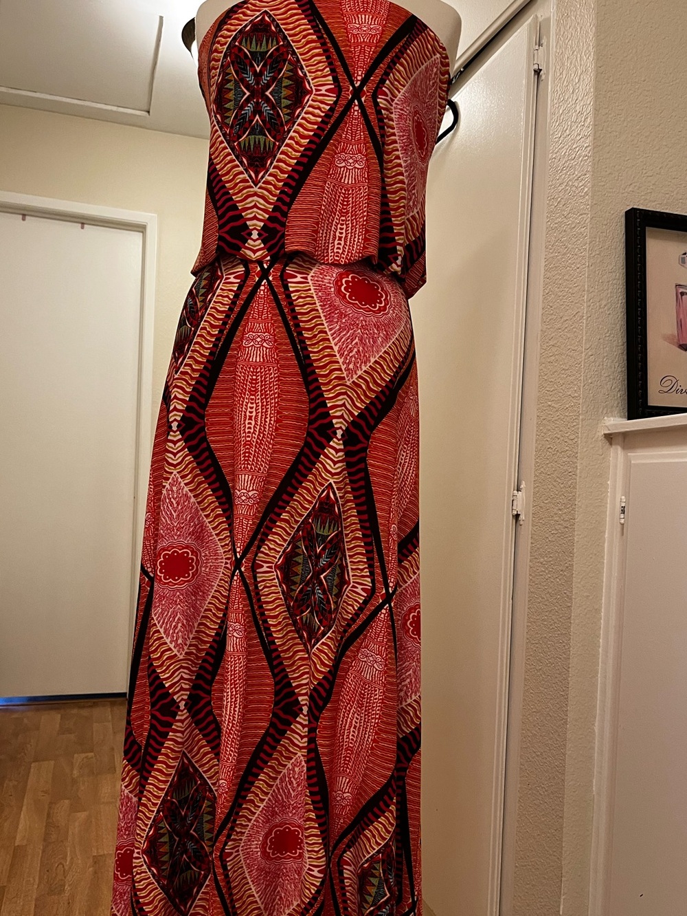 Veronica M Strapless Midi Dress in Red & Black African Geometric Print - Size S